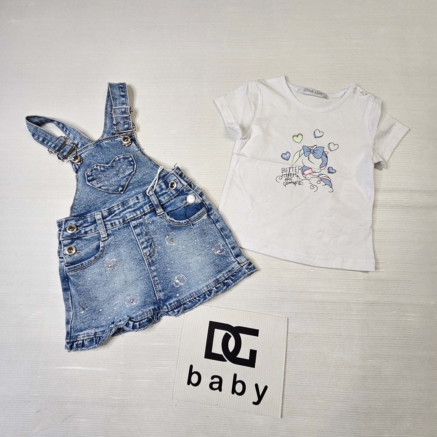 Completo neonata “Denim Cuoricini” salopette + t-shirt