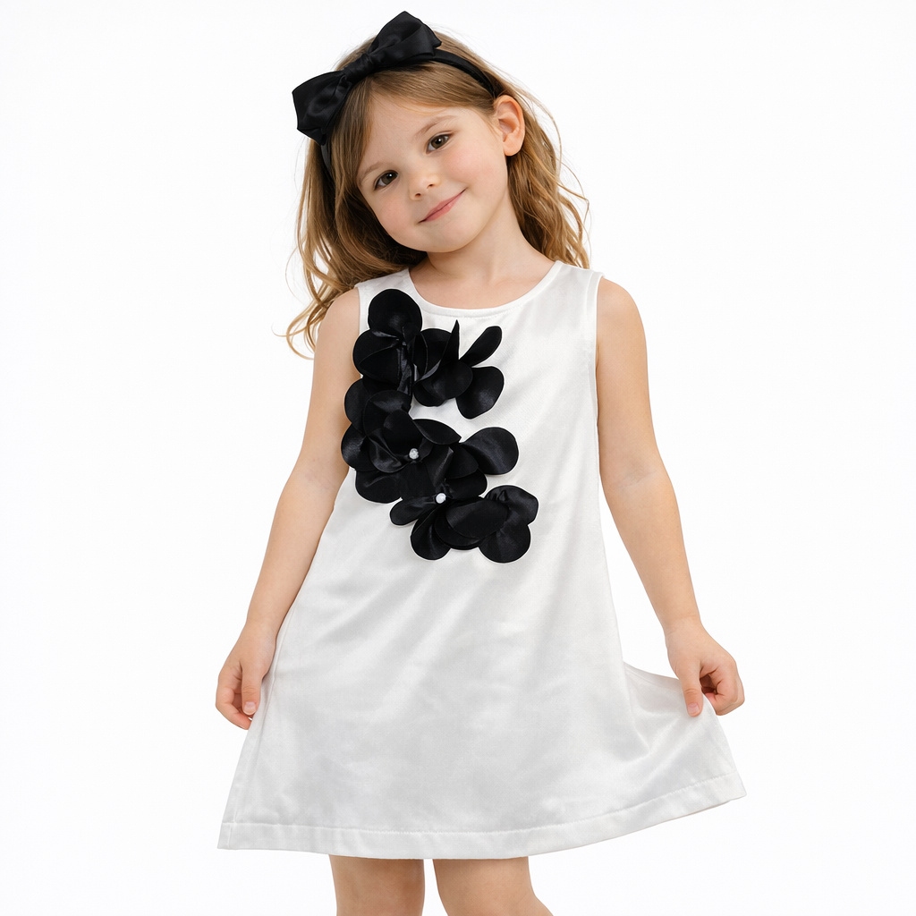 Vestito bimba TO BE TOO TB525 bianco con fiori applicati neri