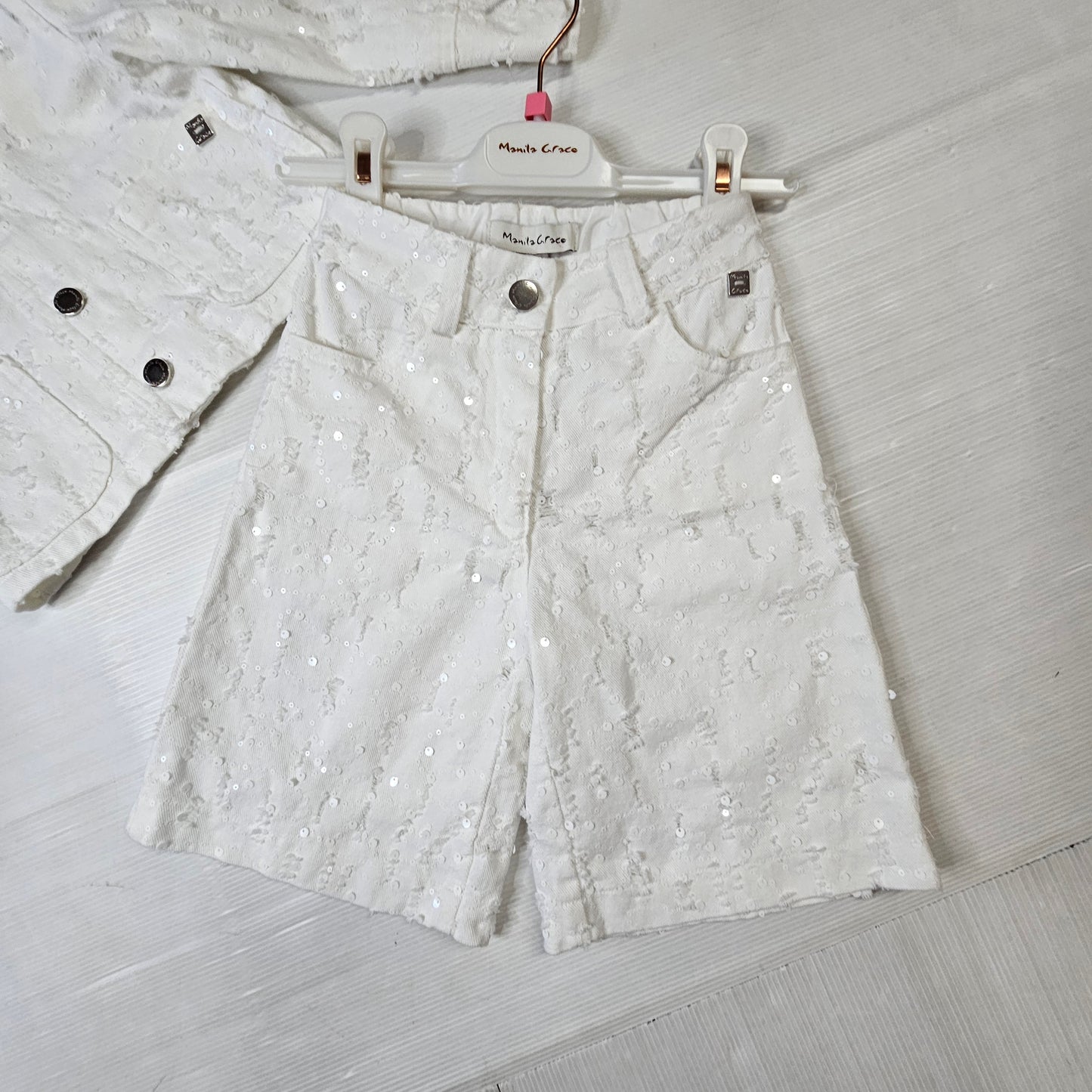 Completo bambina giacca e shorts paillettes bianco MB3503JS26