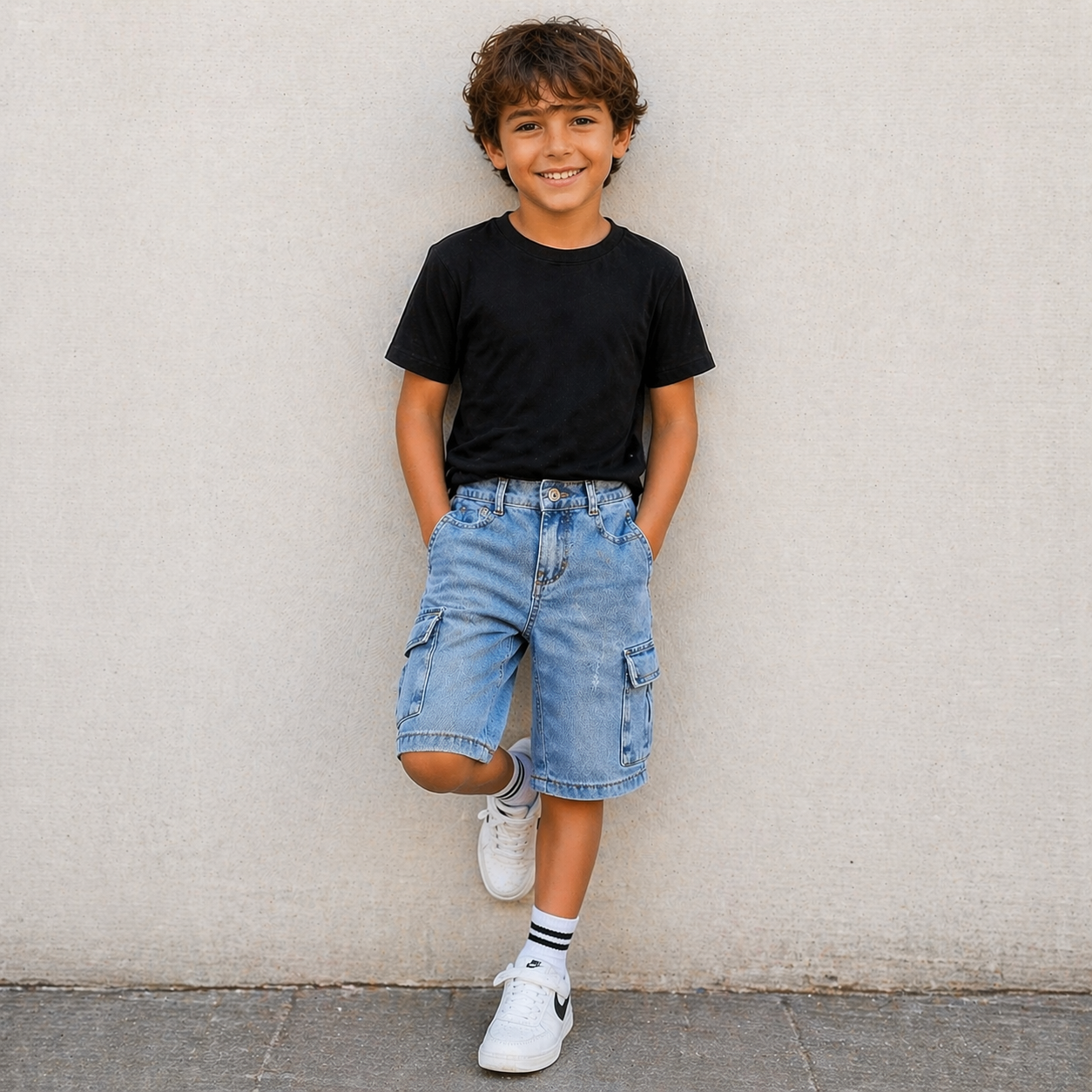 Bermuda bambino denim cargo con tasche laterali