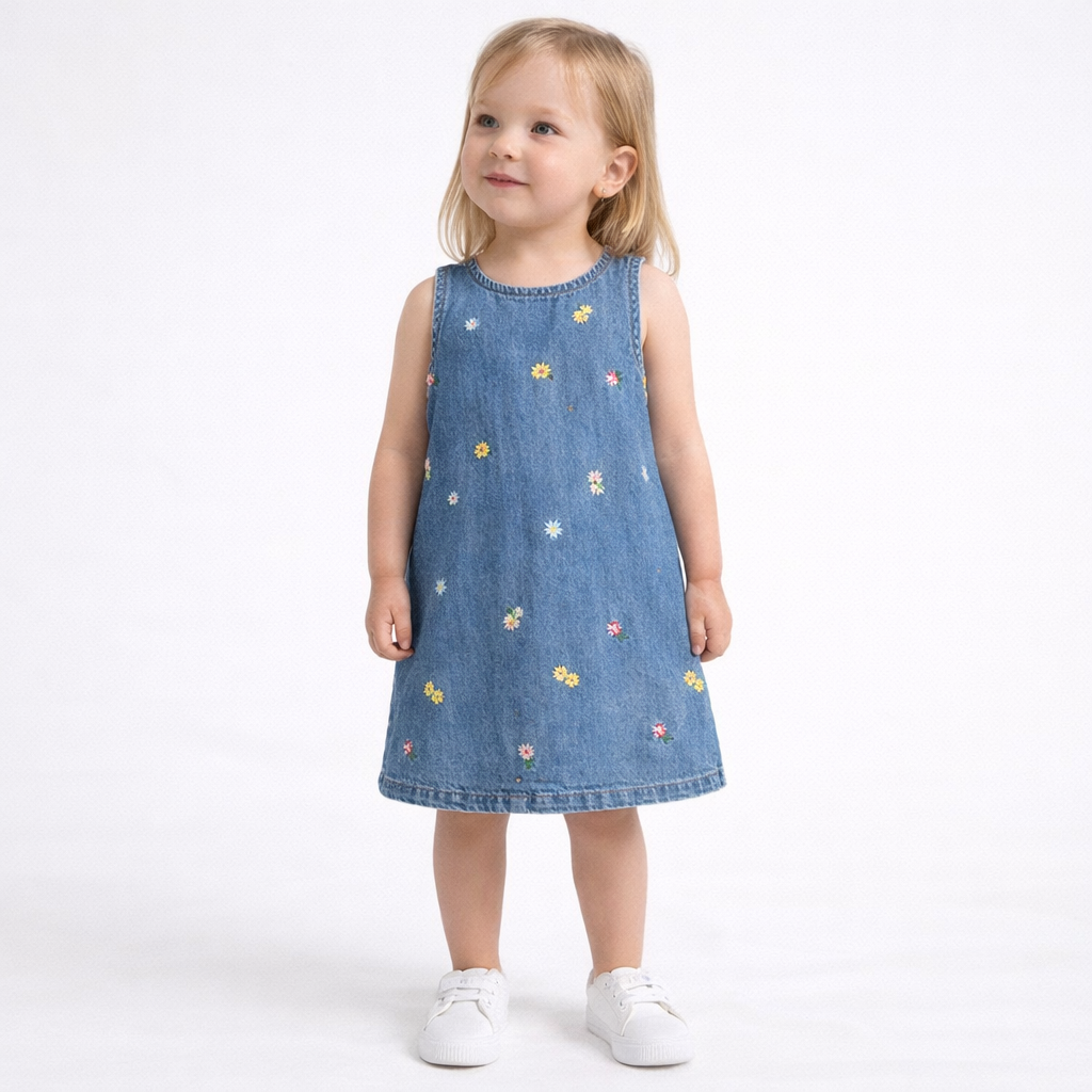 Vestito bambina denim con ricami floreali – TOBETOO