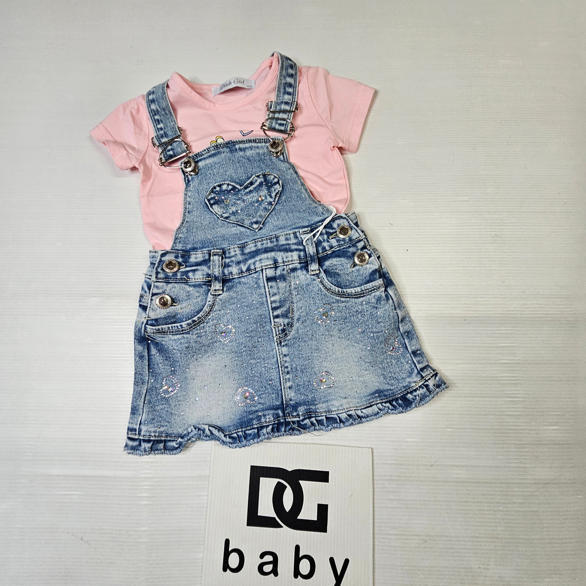 Completo neonata “Denim Cuoricini” salopette + t-shirt