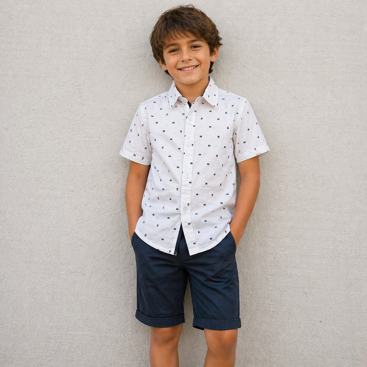 Camicia bambino bianca fantasia micro stampa manica corta