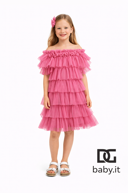 Vestito bimba Y-CLÙ Y19170 tulle rosa con balze