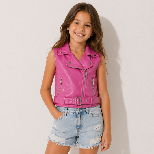 Gilet biker bambina effetto pelle rosa