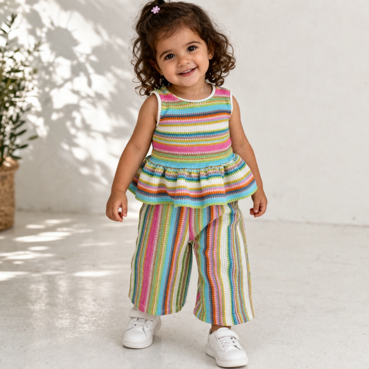 Completo neonata “Rainbow Knit” top + pantalone rigato
