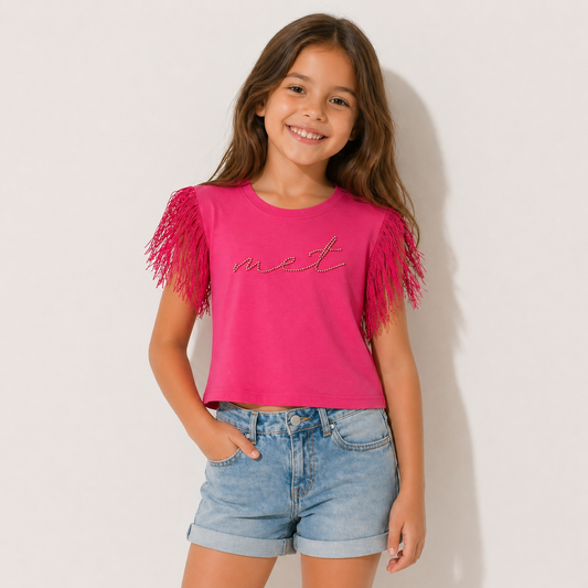 T-shirt bambina fuxia con frange e logo MET371