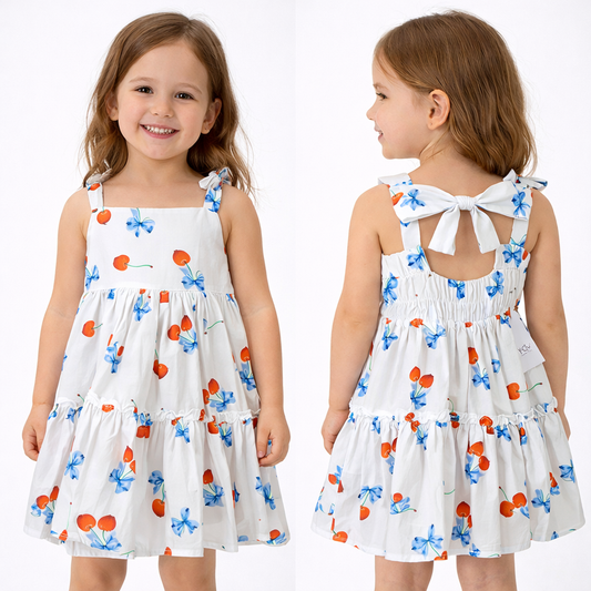 Vestito bambina Y-CLÙ “Cherry Bow” con balze e stampa ciliegie AF397AKB525