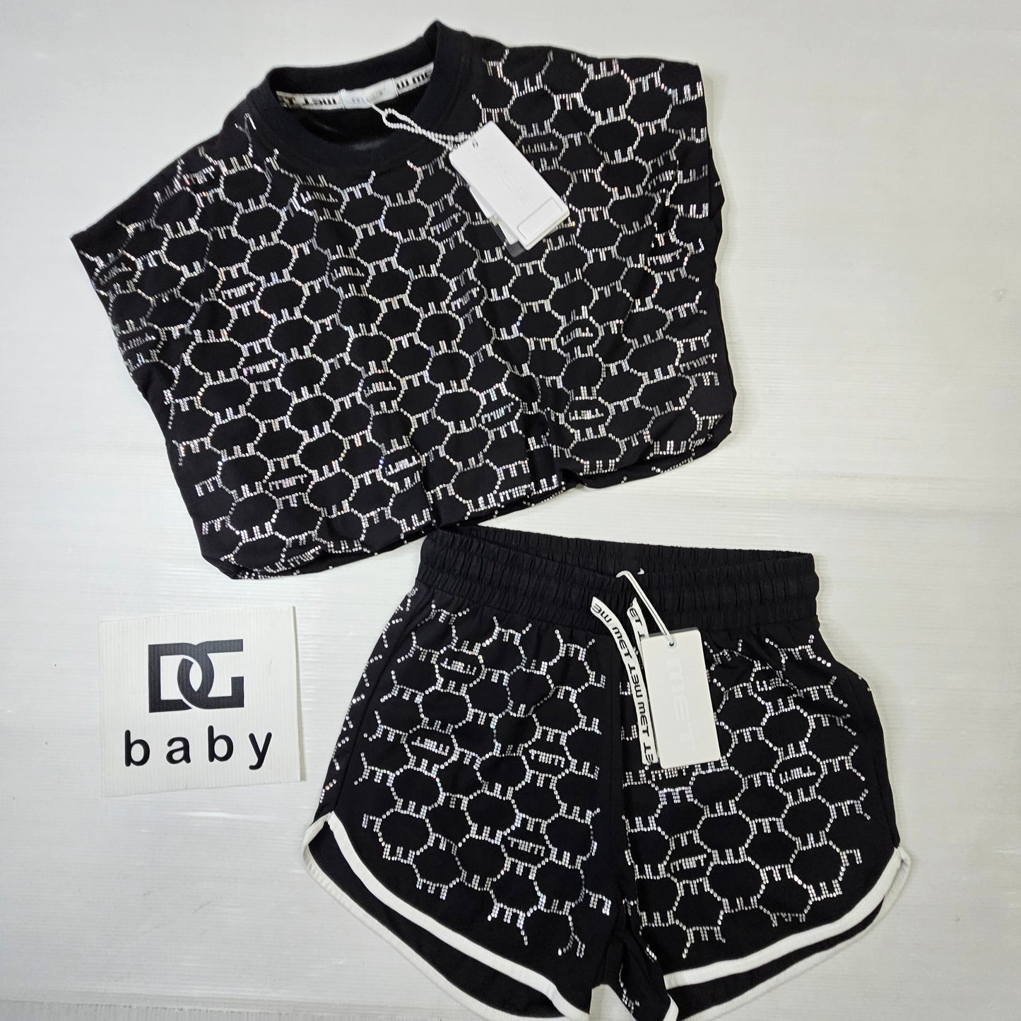 Completo bimba MET ME243 nero crop top e shorts con strass