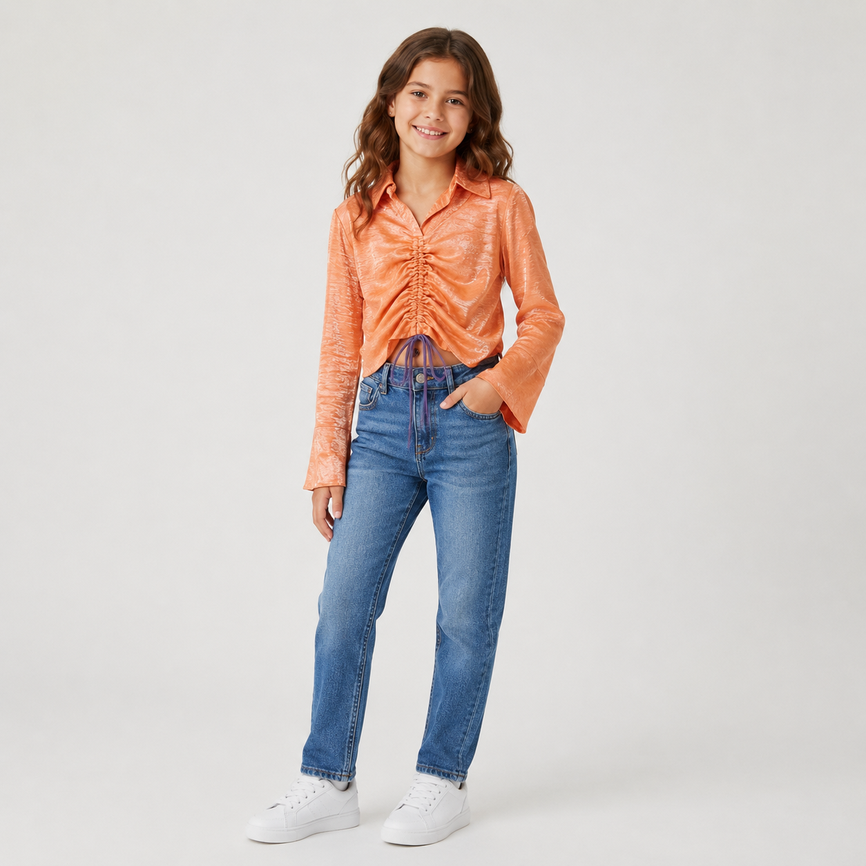 Camicia Crop Bambina Y-Clù Effetto Satin Arancio Corallo