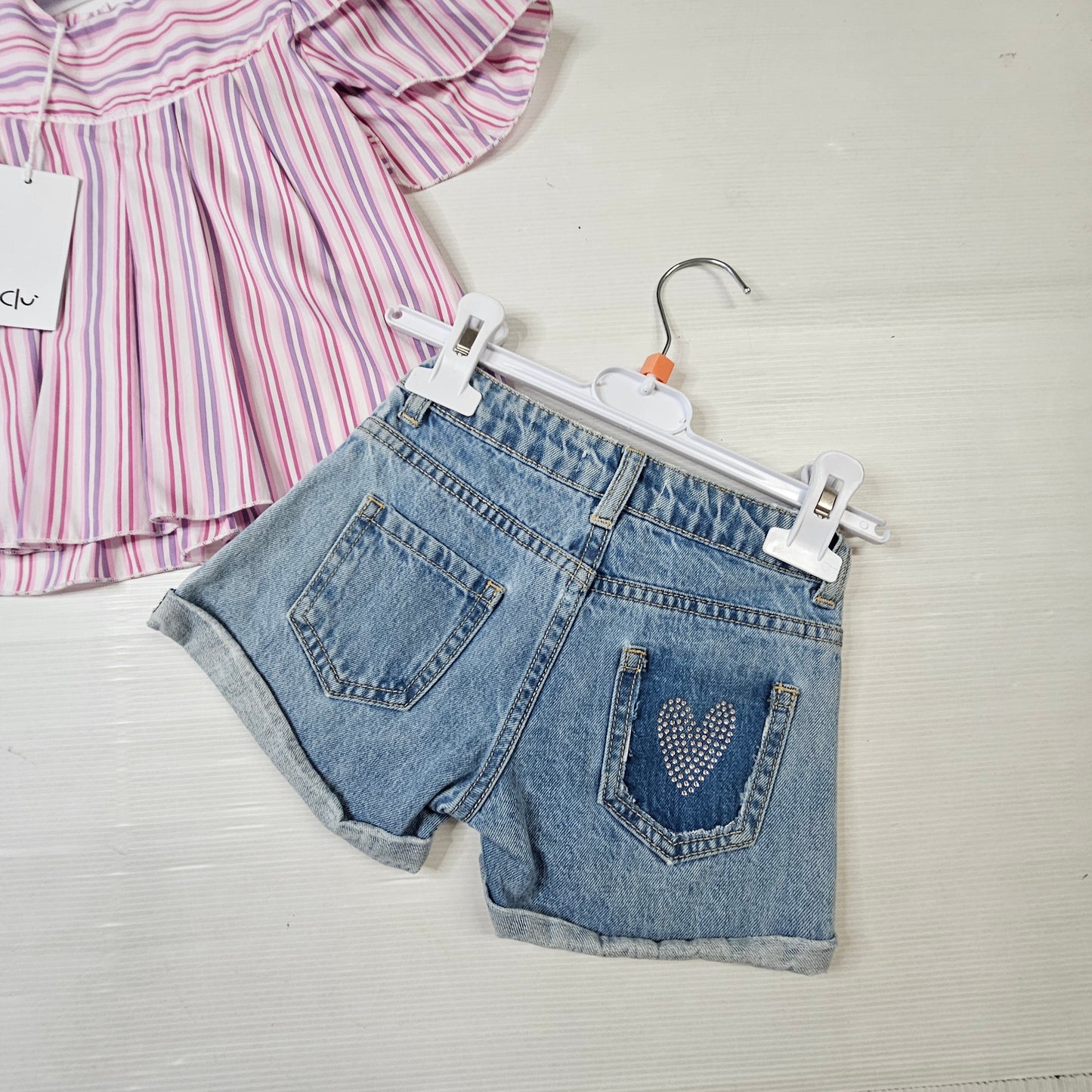 Completo Bambina Y-Clù – Blusa a Righe con Shorts in Denim