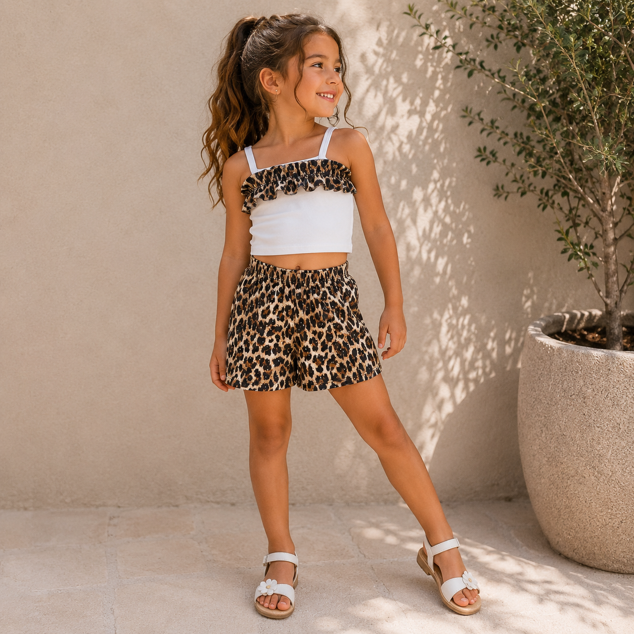 Completo Bambina Top con Volant Animalier e Shorts Coordinati