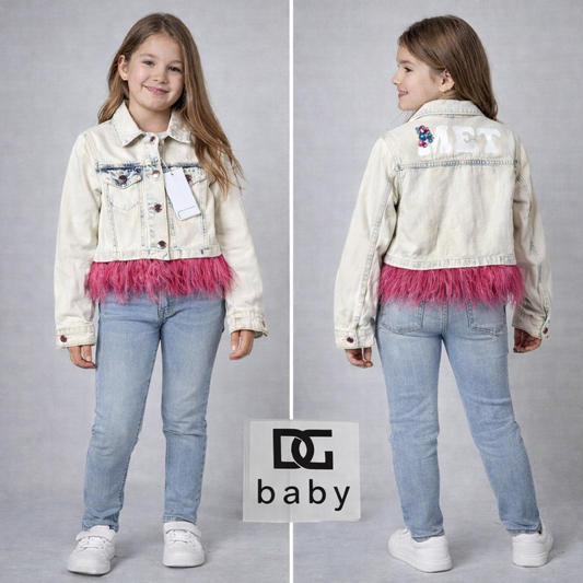 Giubbino jeans bambina con piume rosa – MET
