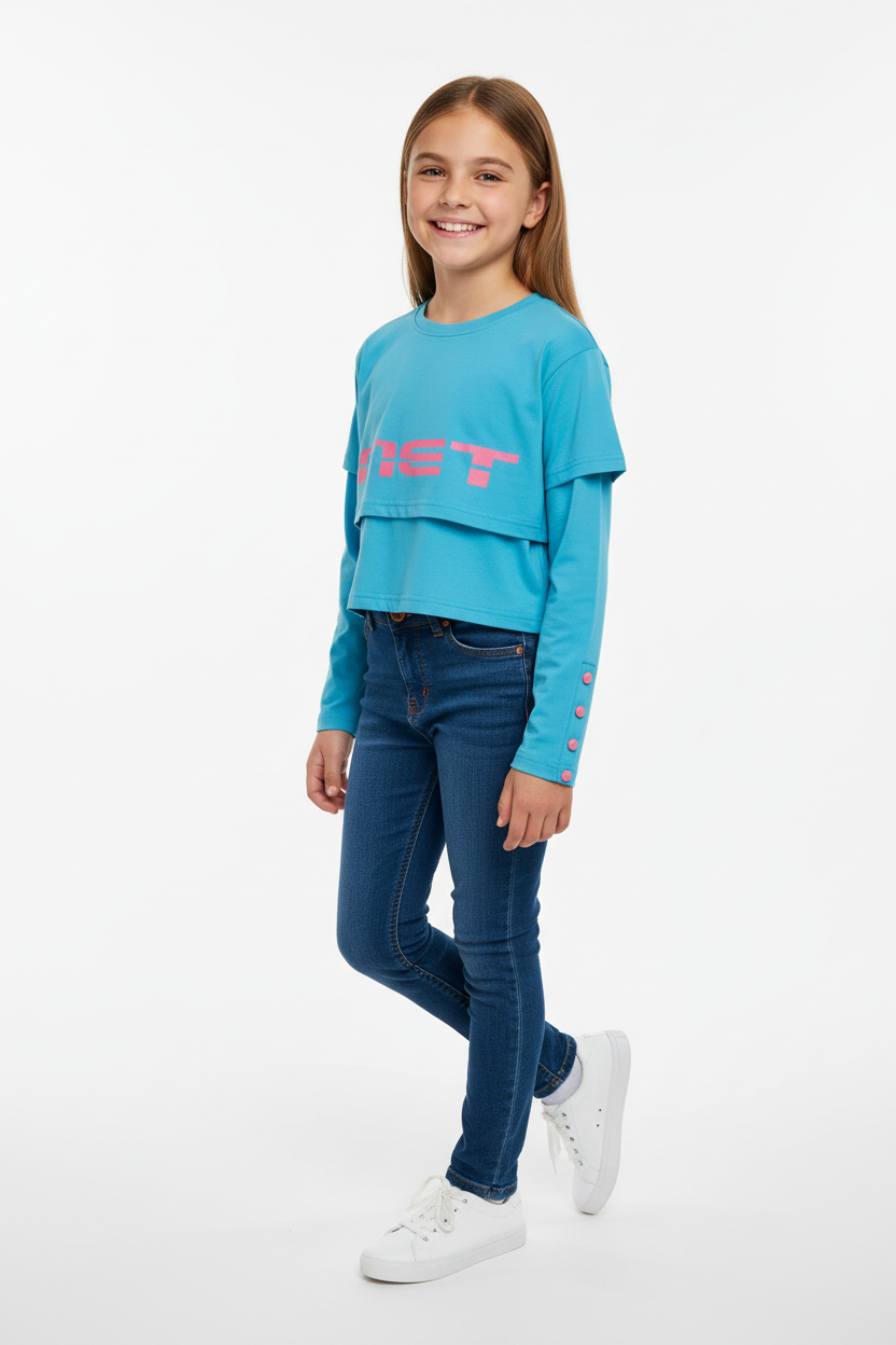 T-shirt bambina cropped turchese con stampa – MET