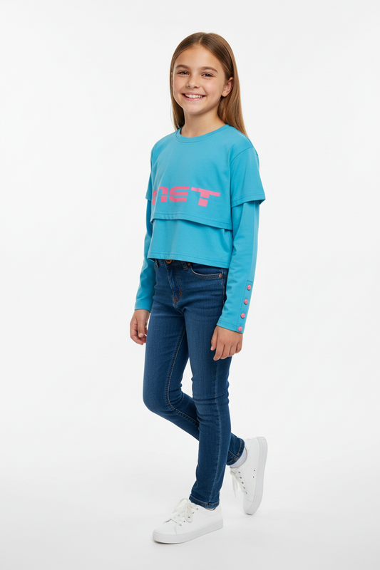 T-shirt bambina cropped turchese con stampa – MET