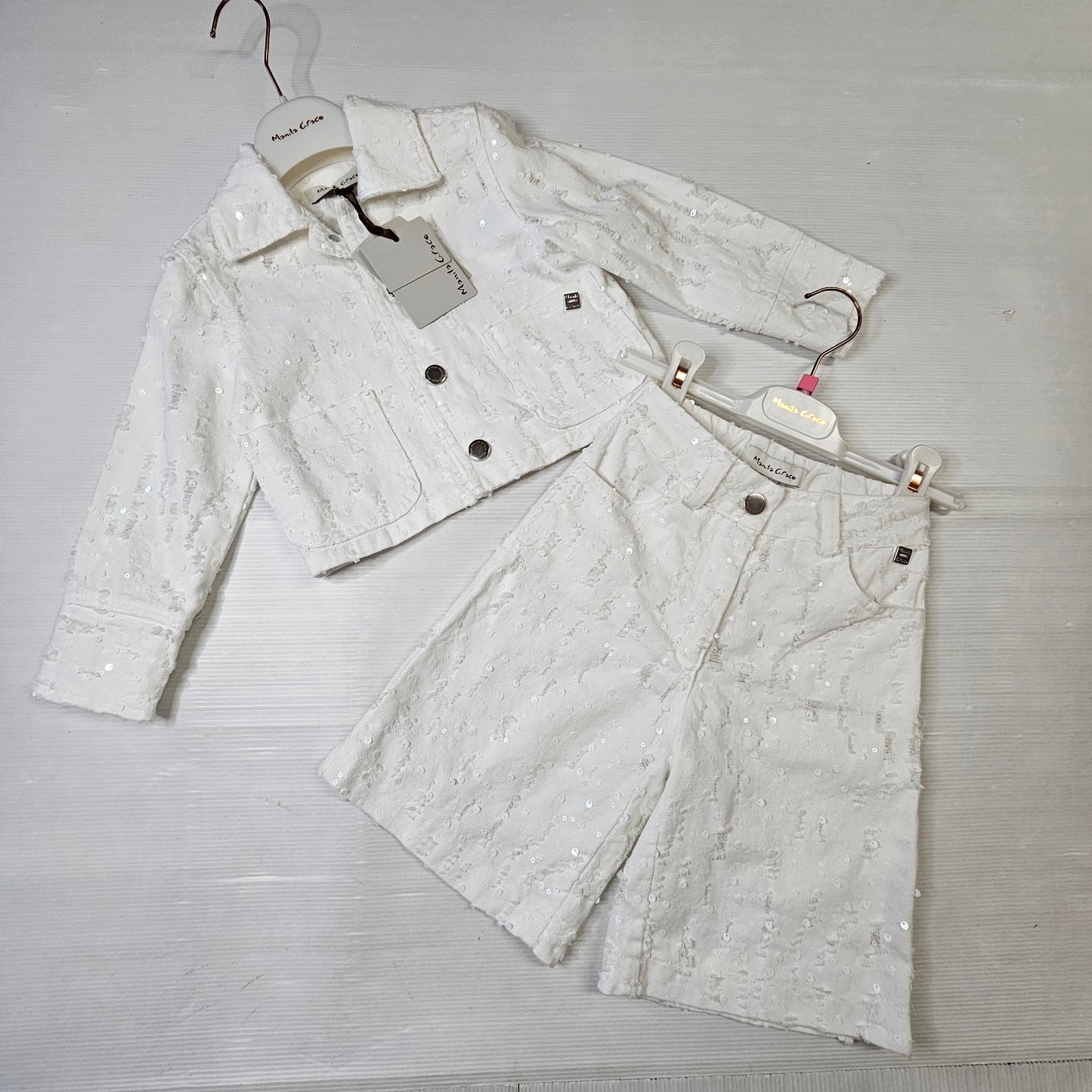 Completo bambina giacca e shorts paillettes bianco MB3503JS26