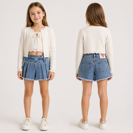 Shorts gonna bambina in denim con pieghe e fondo sfrangiato
