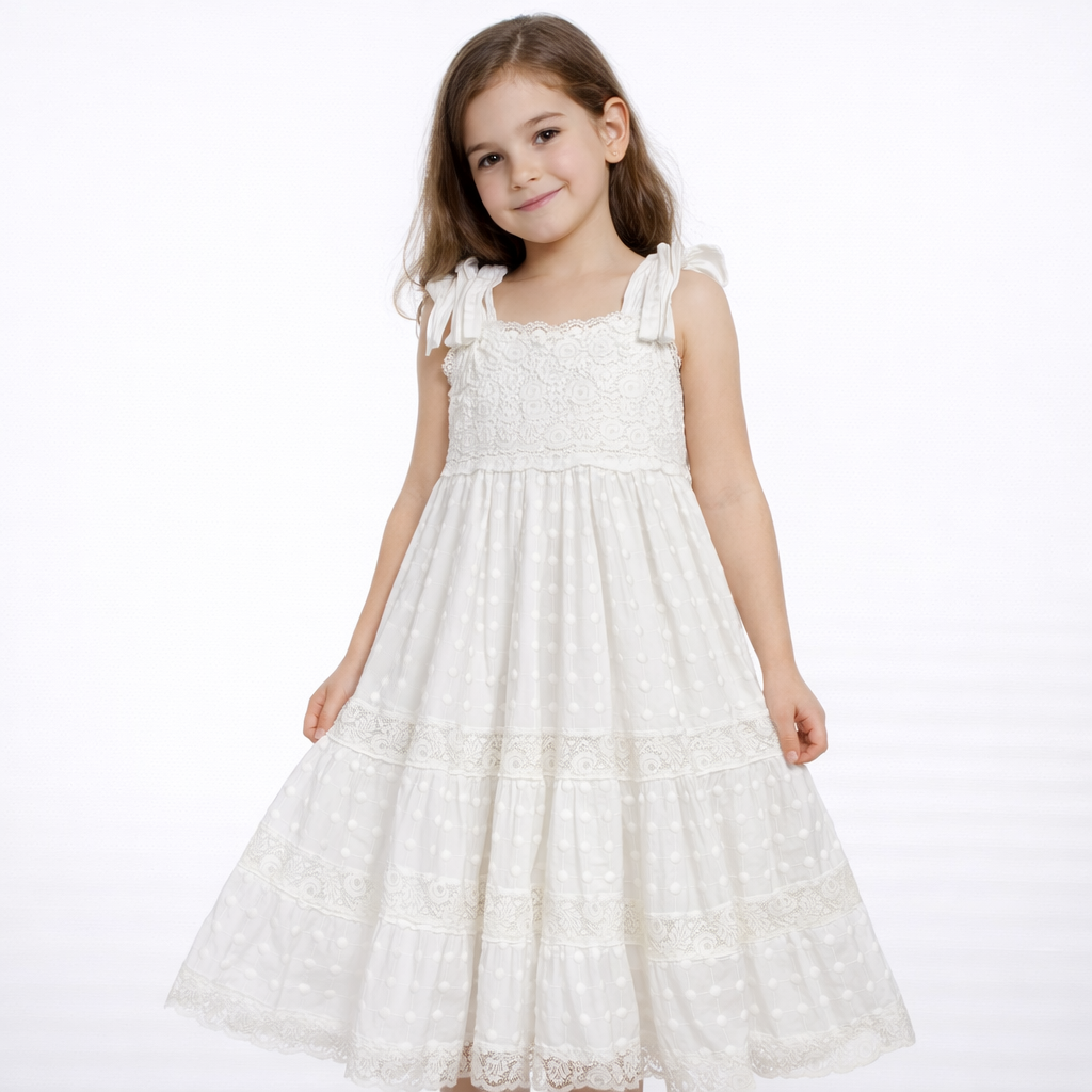 Vestito bimba Stefano Cavalleri bianco con pizzo e balze