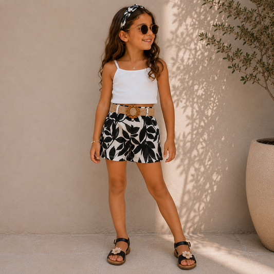 Completo Bambina Summer Leaves Bianco e Nero