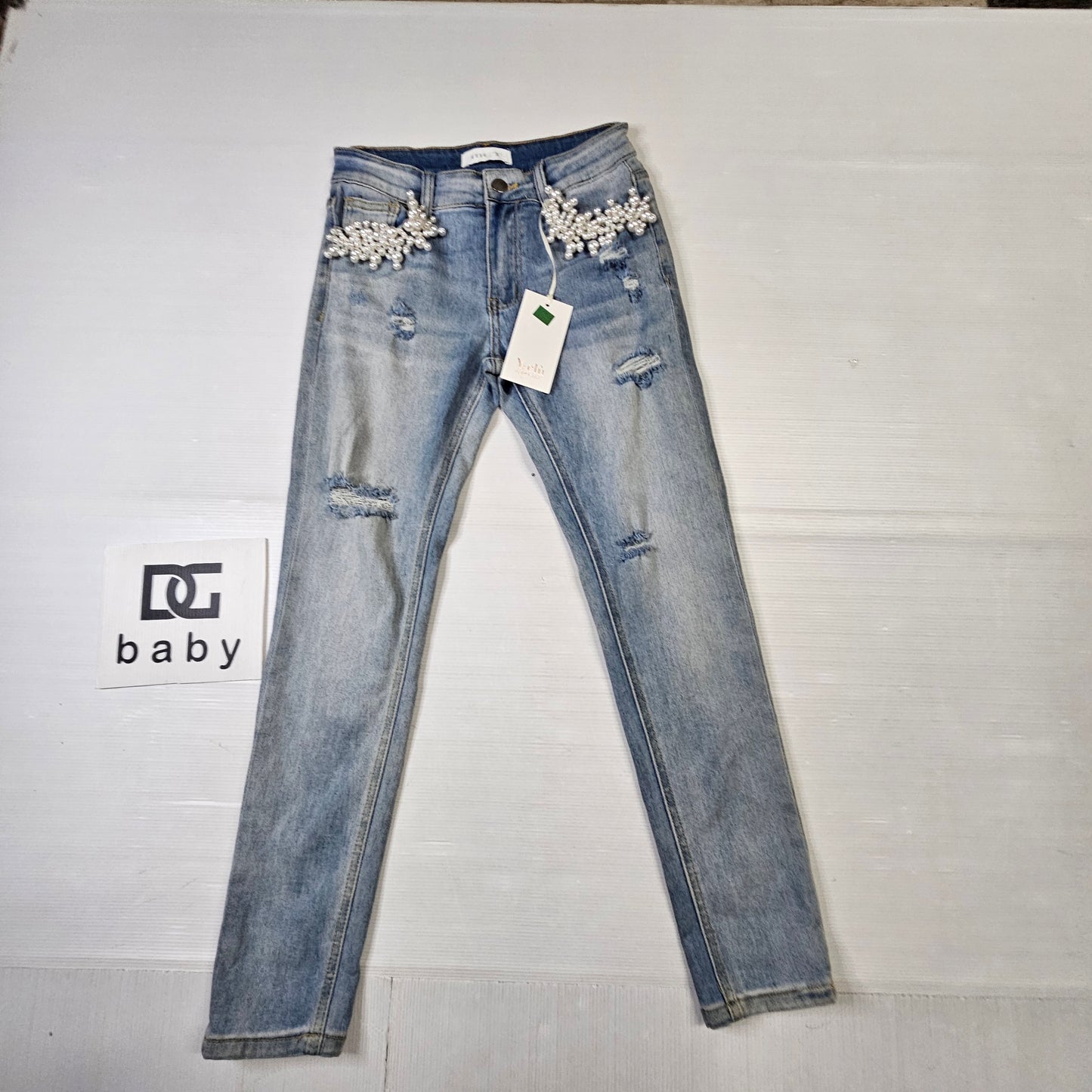 Jeans bimba MET denim chiaro con perle e strappi