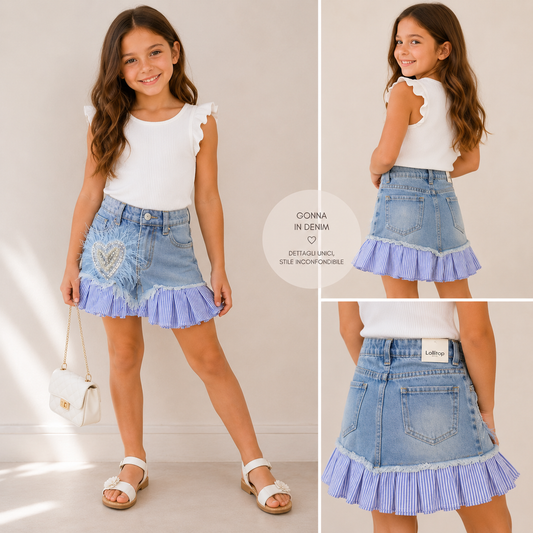 Gonna Jeans Bambina Lollitop con Cuore Gioiello e Balza