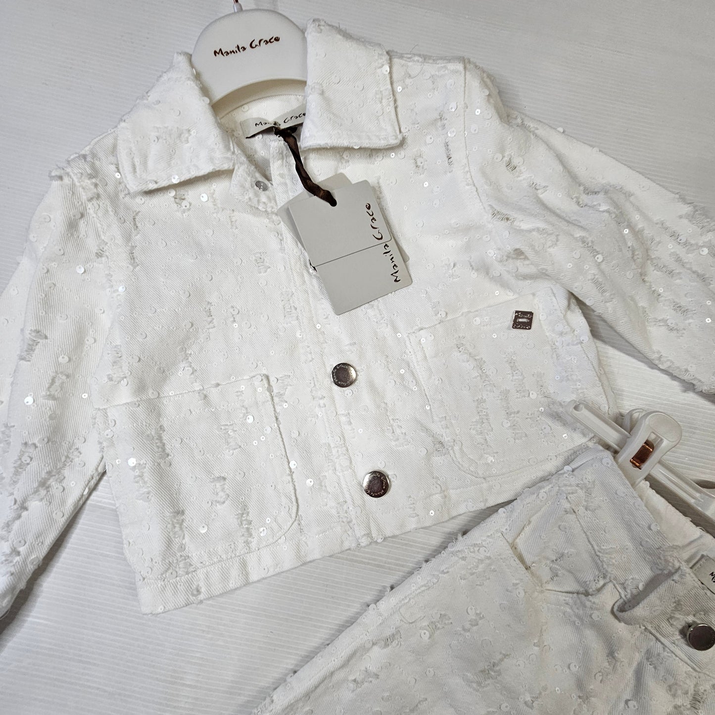 Completo bambina giacca e shorts paillettes bianco MB3503JS26