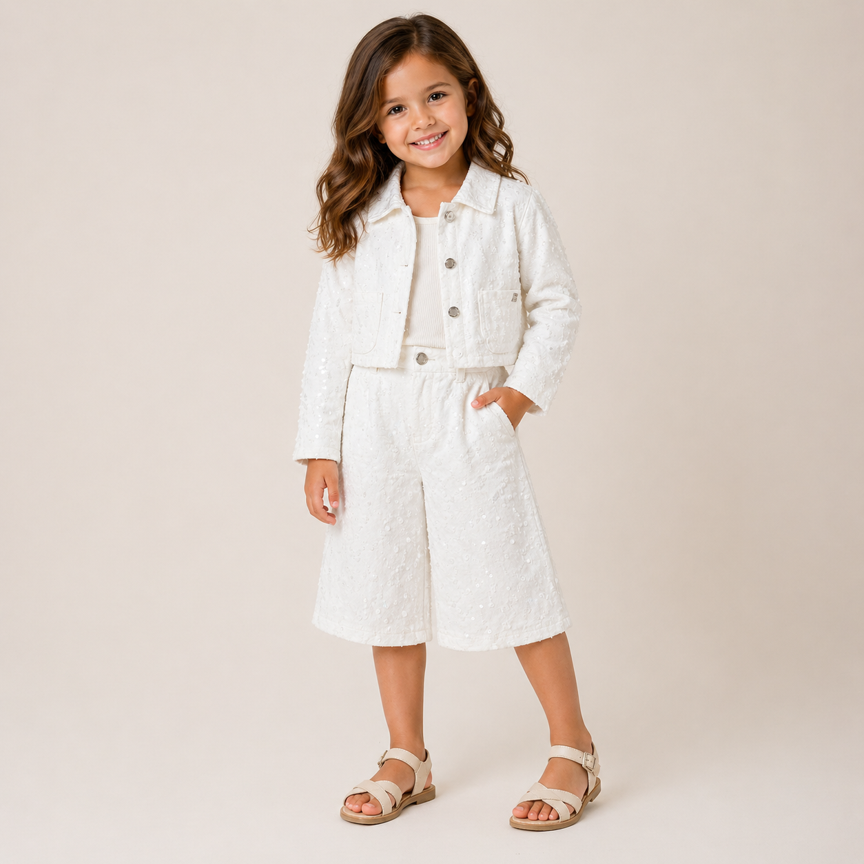 Completo bambina giacca e shorts paillettes bianco MB3503JS26