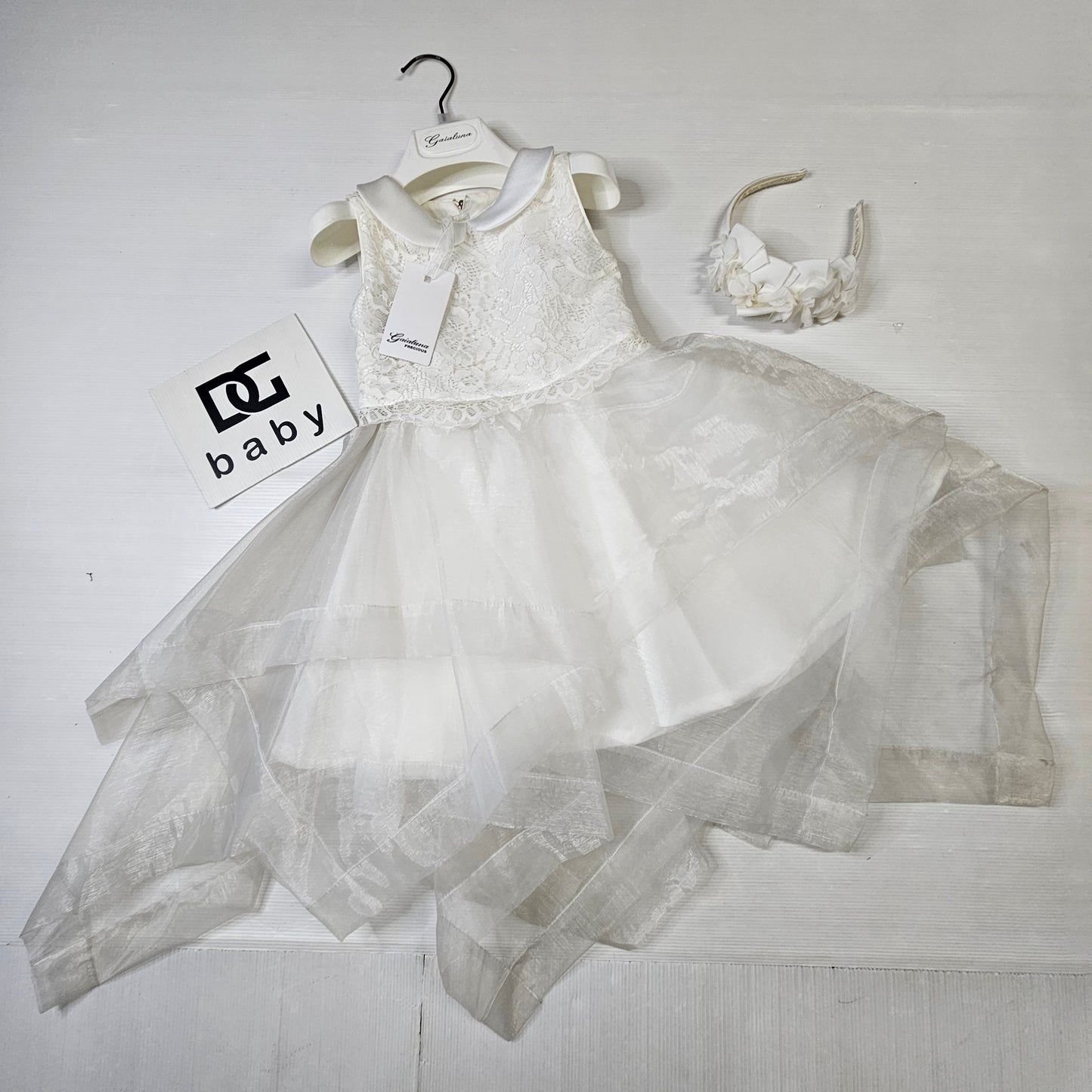 Vestito bimba GB2647 bianco con pizzo e cerchietto