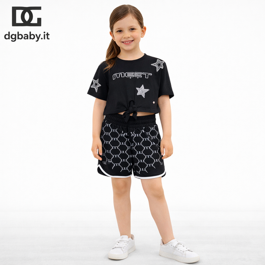Completo bimba MET ME243 nero top crop con stelle e shorts con strass