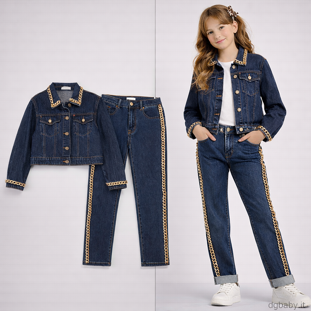Completo bambina giubbino e jeans denim con catena – MET