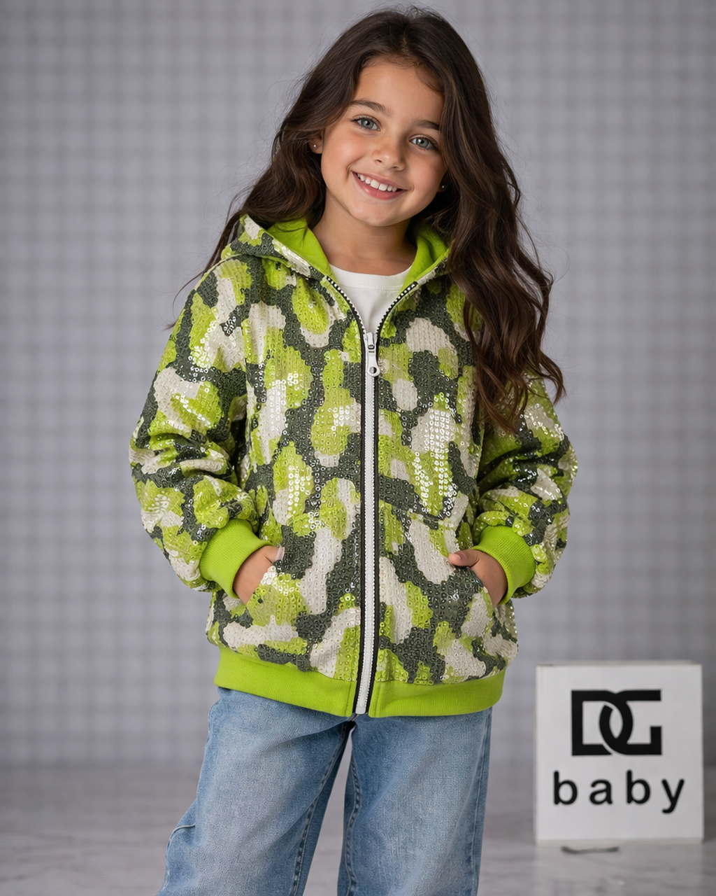Felpa bambina leopardata verde con paillettes e cappuccio – YCLÙ