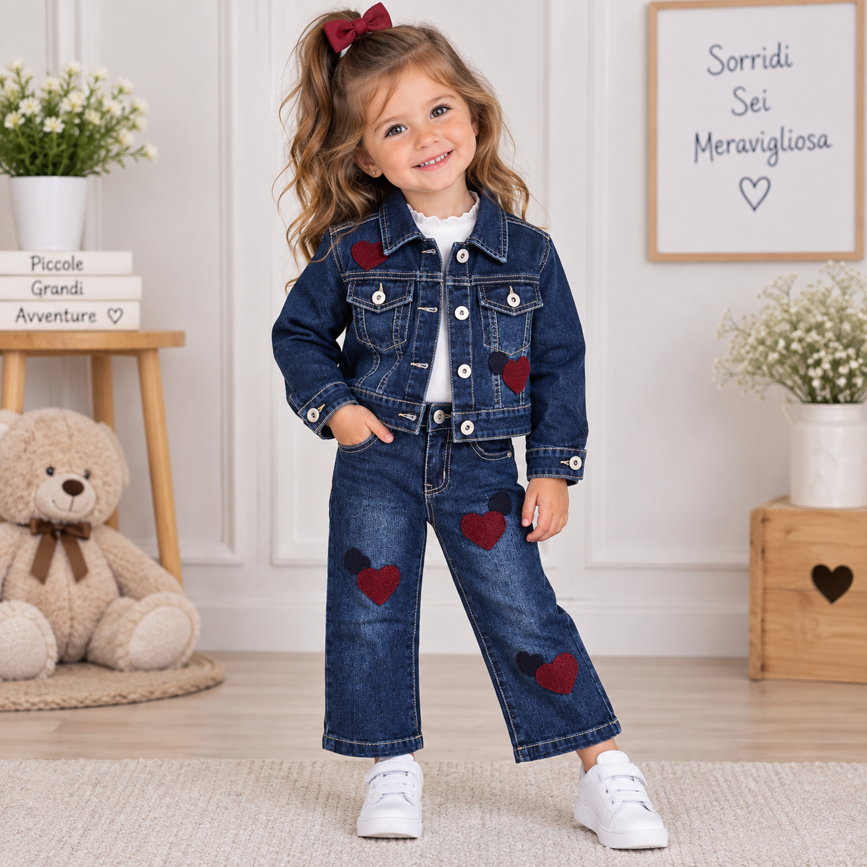 Completo Bambina Denim Cuori 2 Pezzi