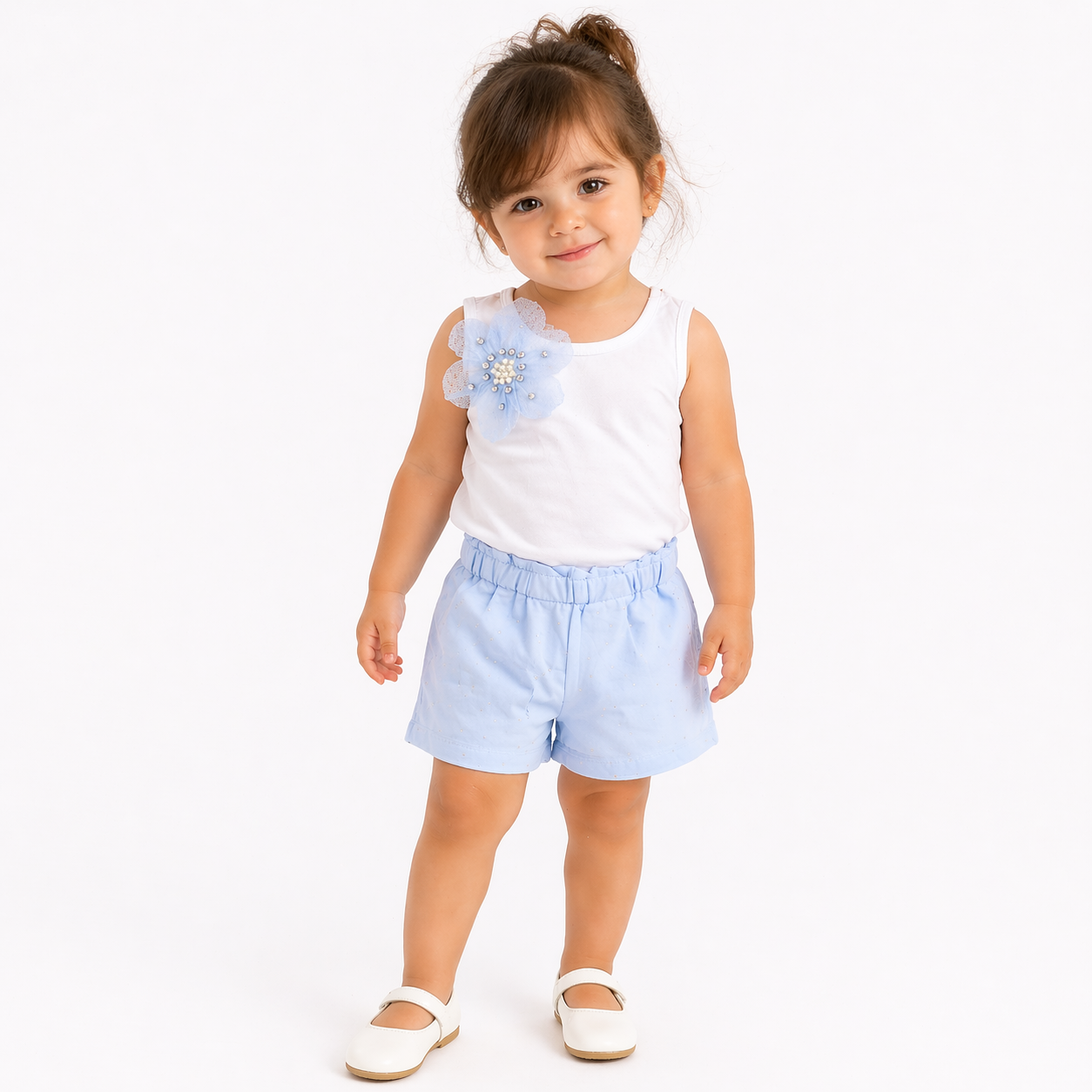 🎀 Completo bimba con fiore gioiello e shorts