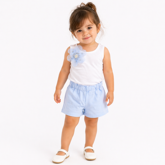 🎀 Completo bimba con fiore gioiello e shorts