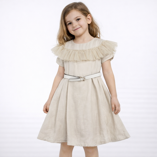 Vestito bimba Y-CLÙ YB21513 beige con cintura e volant