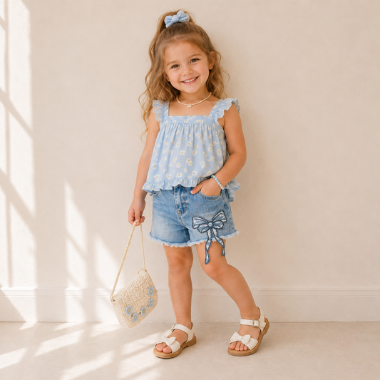 Shorts Jeans Bambina Sweet Junior con Fiocco Applicato