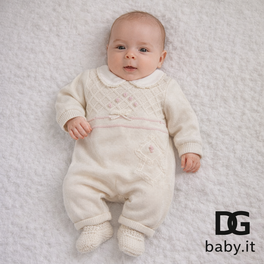 👶✨ Tutina neonata ricamata panna – Art. 23409