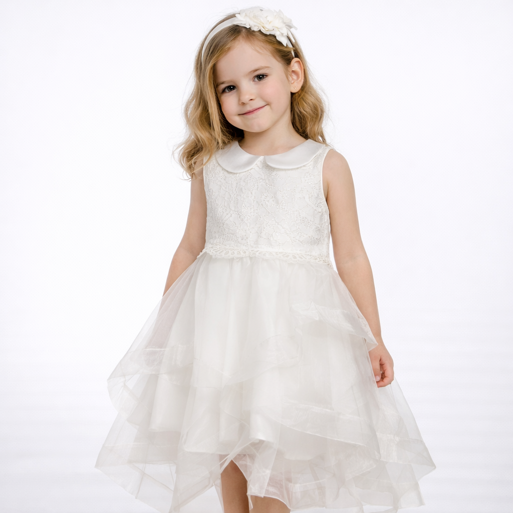 Vestito bimba GB2647 bianco con pizzo e cerchietto