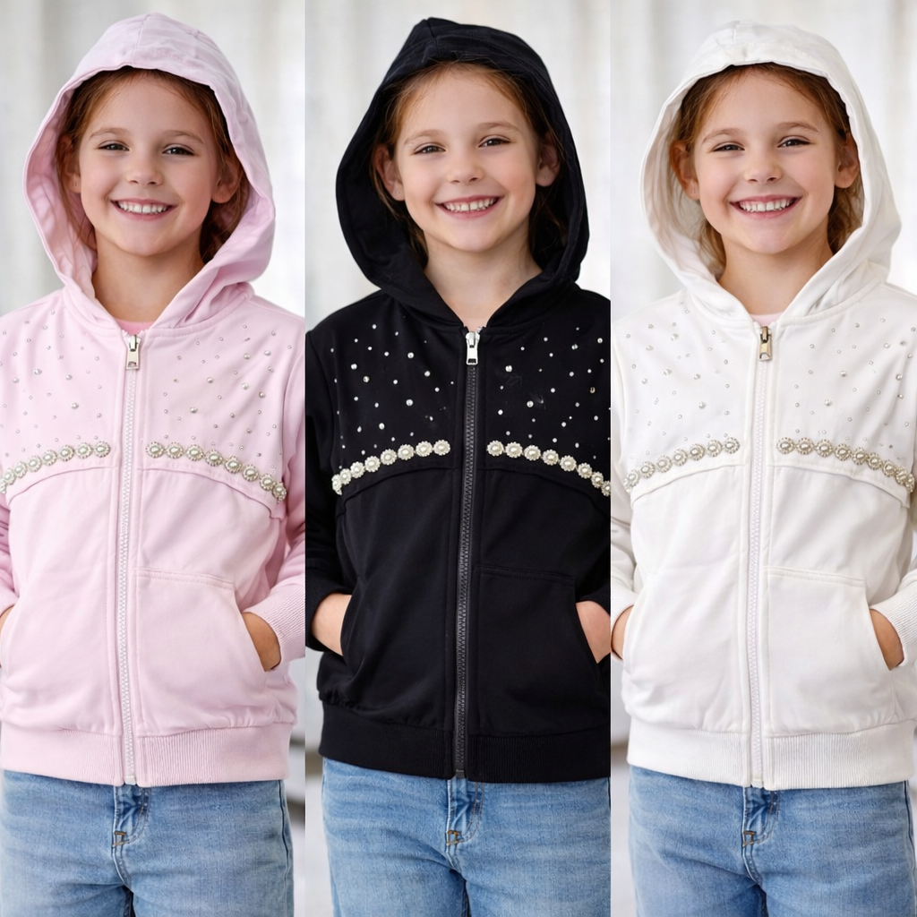 Felpa bambina con cappuccio e dettagli strass