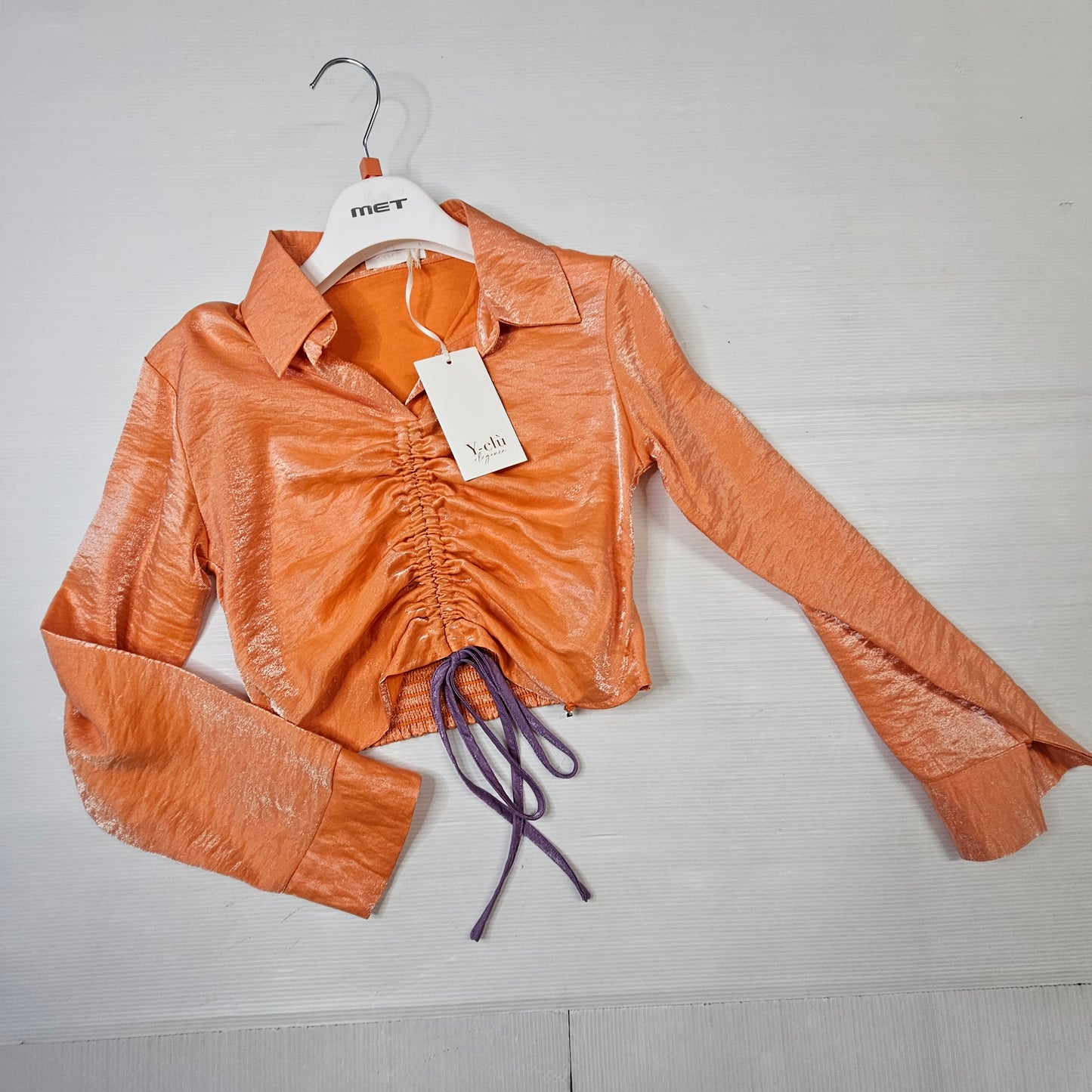 Camicia Crop Bambina Y-Clù Effetto Satin Arancio Corallo