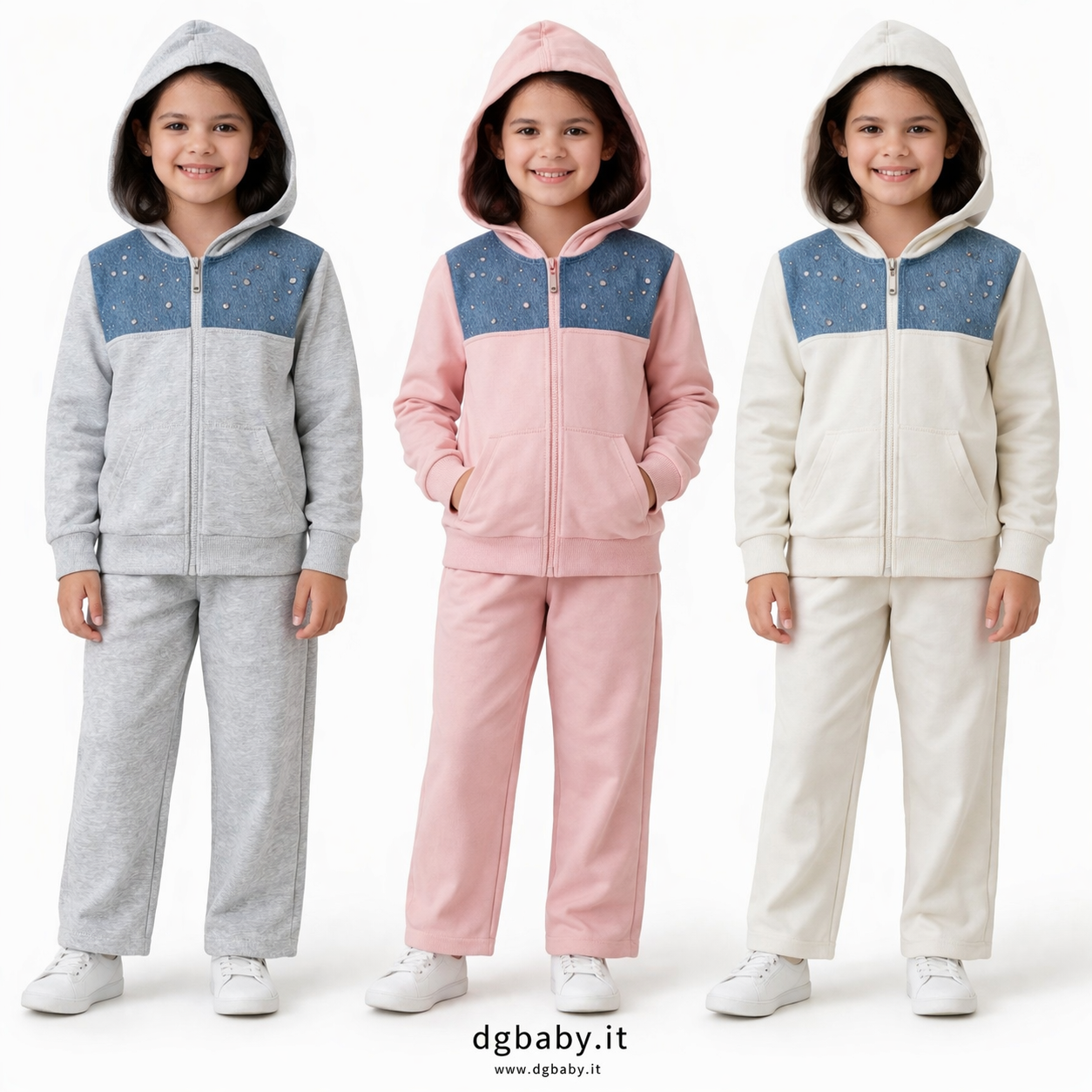Completo tuta bambina con cappuccio e dettagli strass