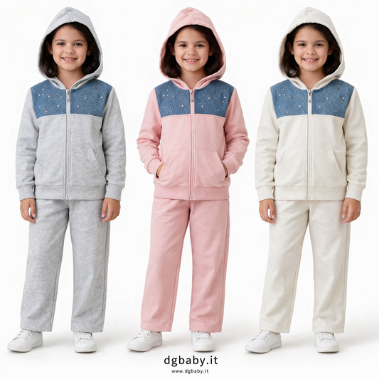 Completo tuta bambina con cappuccio e dettagli strass