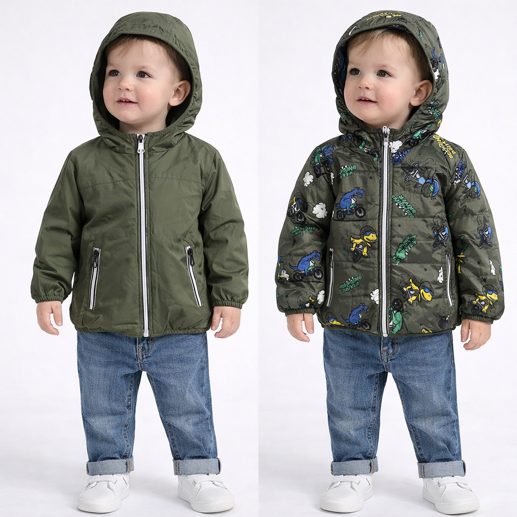 Giubbino bambino reversibile con cappuccio stampa dinosauri