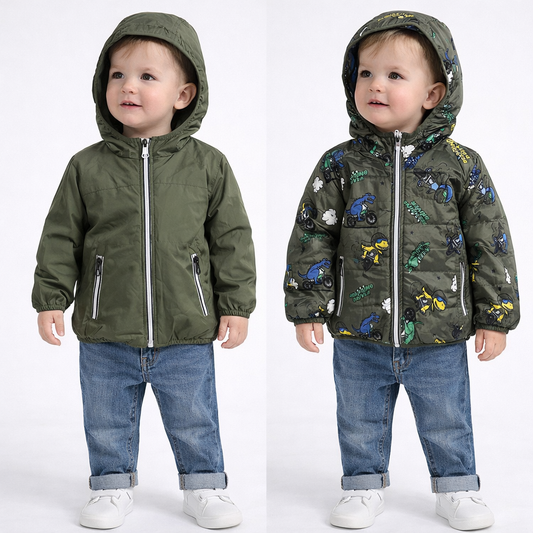 Giubbino bambino reversibile con cappuccio stampa dinosauri