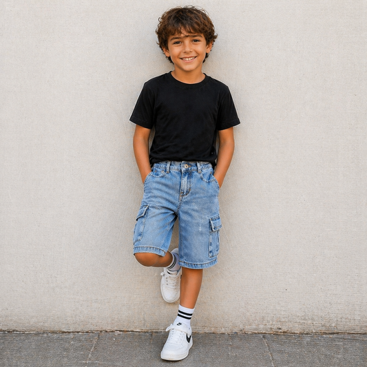 Bermuda bambino denim cargo con tasche laterali