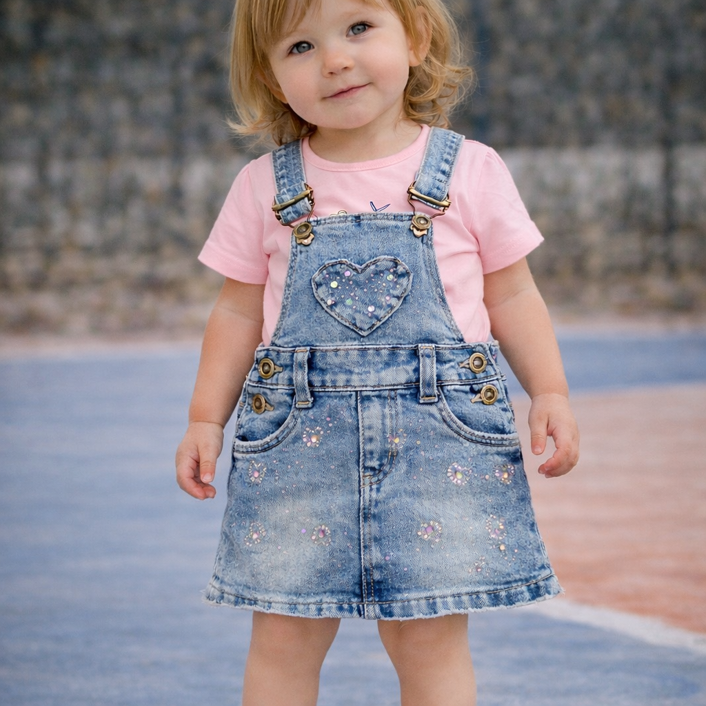 Completo neonata “Denim Cuoricini” salopette + t-shirt