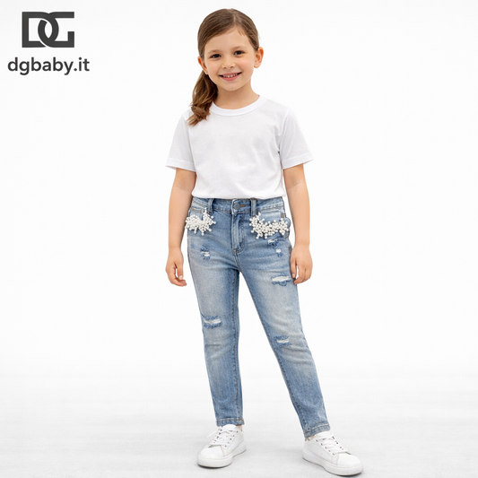 Jeans bimba MET denim chiaro con perle e strappi
