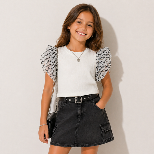 Maglia bambina bianca con maniche in tulle logo MET