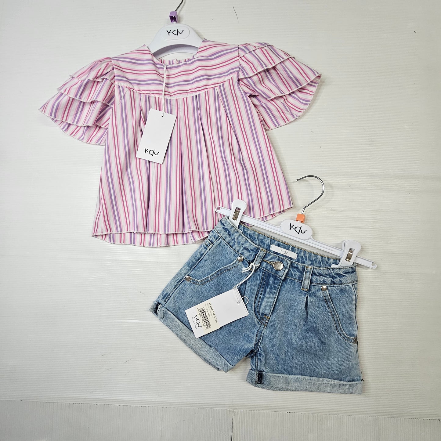 Completo Bambina Y-Clù – Blusa a Righe con Shorts in Denim
