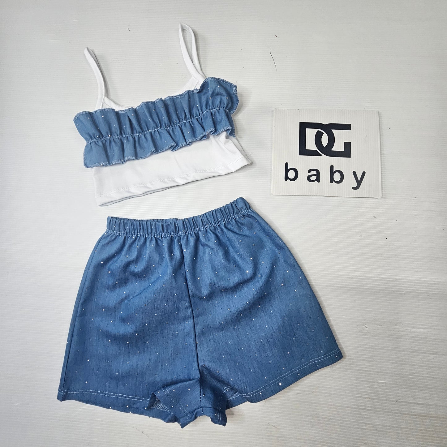Completo Bambina Top con Volant e Shorts Denim